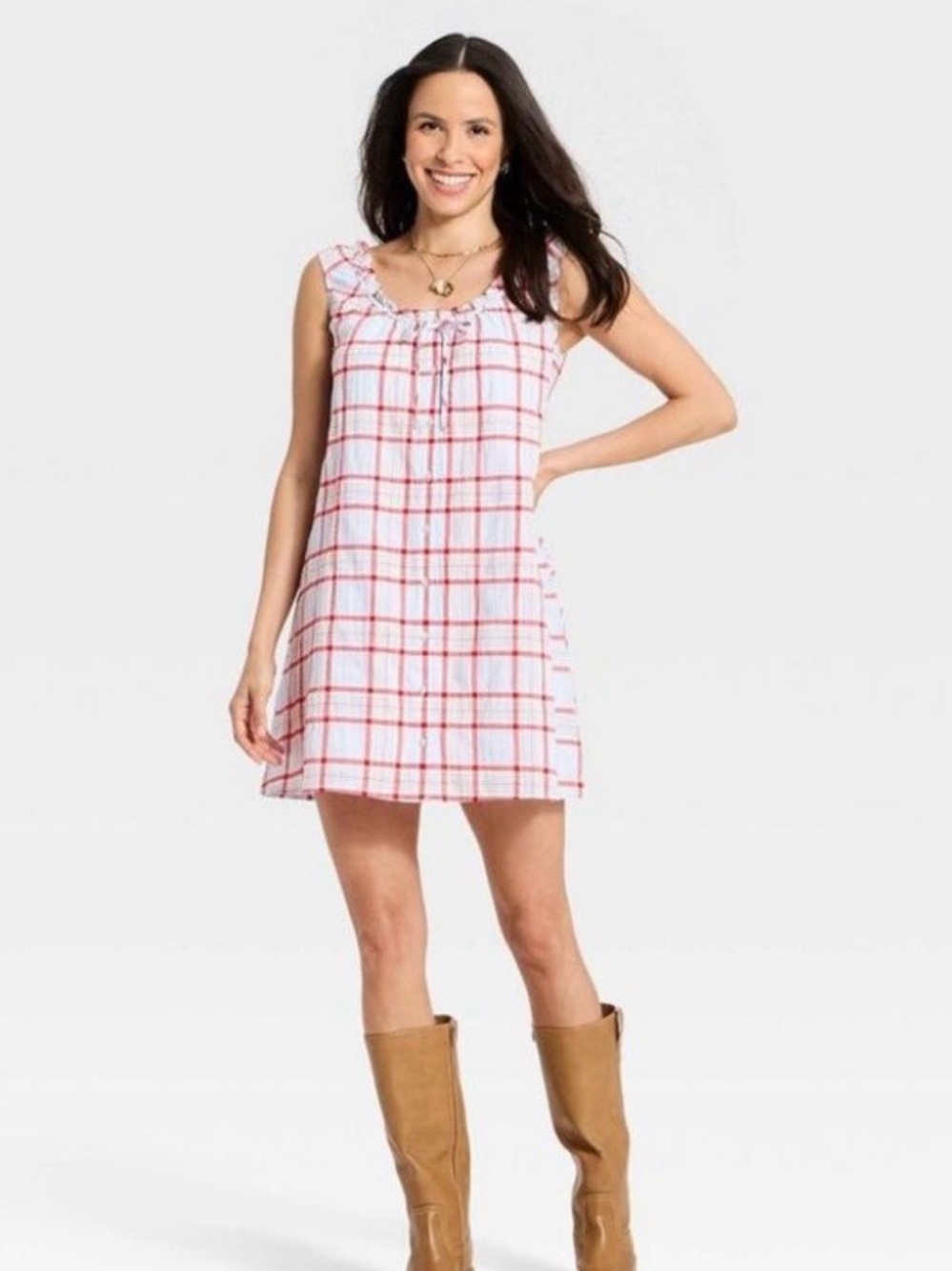White Mini Dress with Red Windowpane Plaid